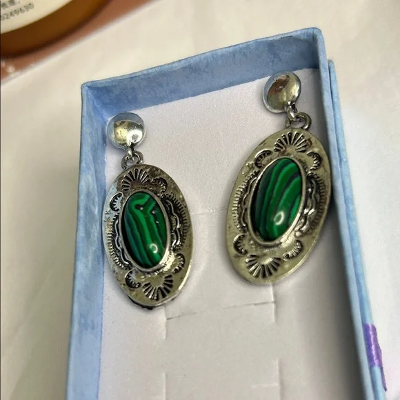 Native American  Silver & Malachite Dangle Earrings 🆕 - Picture 3 of 4